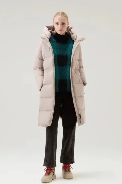 Beige Long Down Parka in Stretch Nylon with Detachable Hood