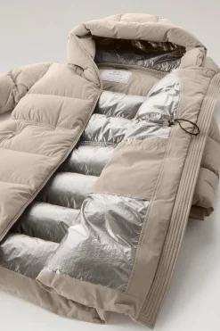 Beige Long Down Parka in Stretch Nylon with Detachable Hood