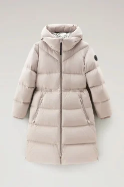 Beige Long Down Parka in Stretch Nylon with Detachable Hood