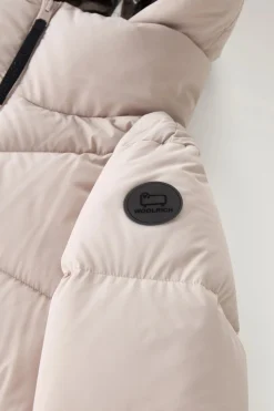 Beige Long Down Parka in Stretch Nylon with Detachable Hood