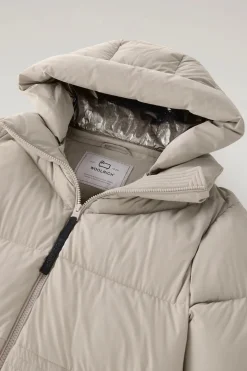Beige Long Down Parka in Stretch Nylon with Detachable Hood