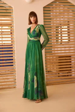 Green Printed Pleated Evening Dress