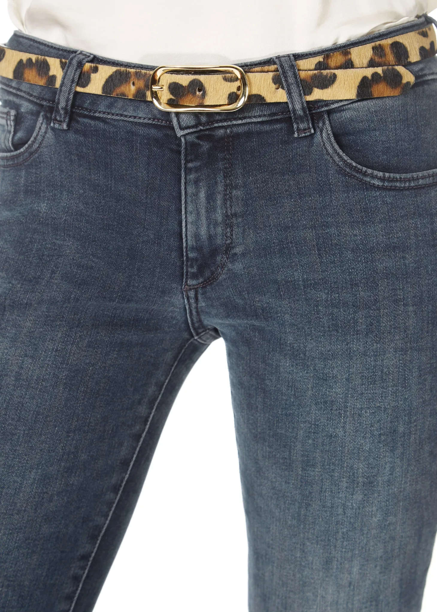 'Midori' Thin Leopard Print Belt With Gold Buckle