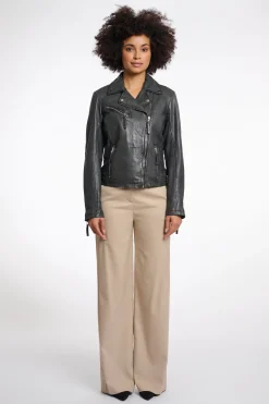 Renee Leather Biker Jacket in Deep Iron